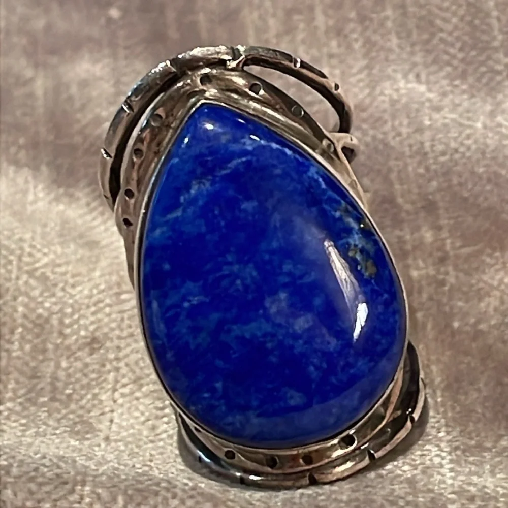 Enormous Lapis Lazuli Sterling Silver Cage Ring size 6 - Picture 5 of 9